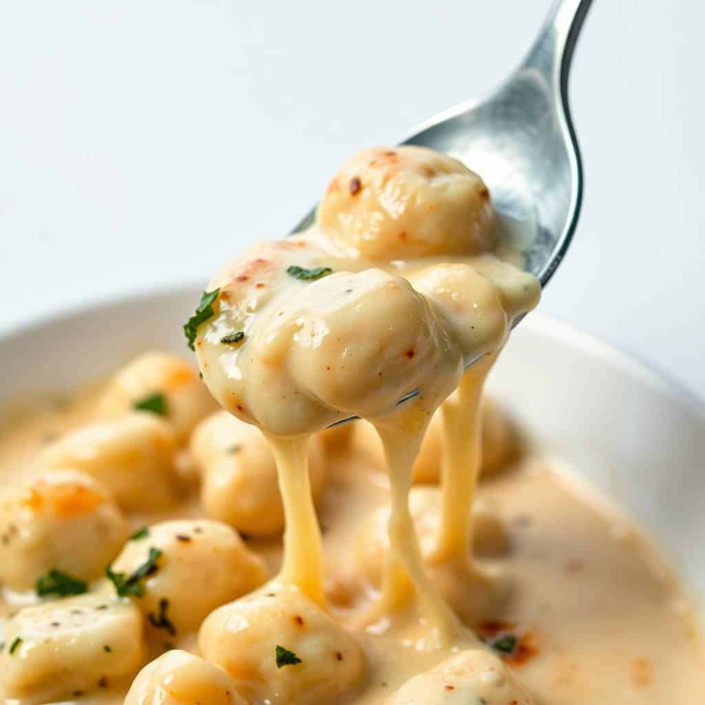 Creamy baked gnocchi with melted cheese sauce, garnished with fresh parsley on a white plate.