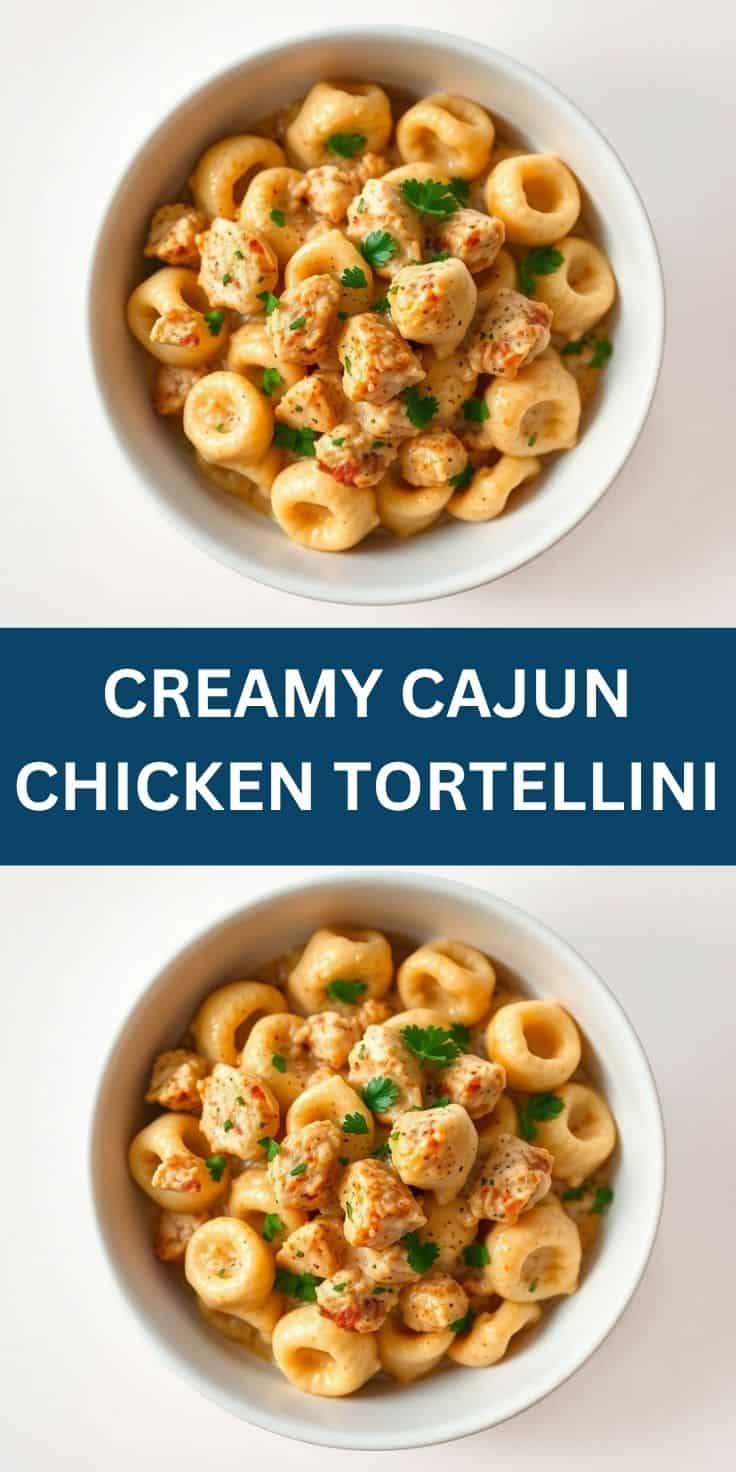Creamy Cajun chicken tortellini garnished with parsley in white bowls on white background.