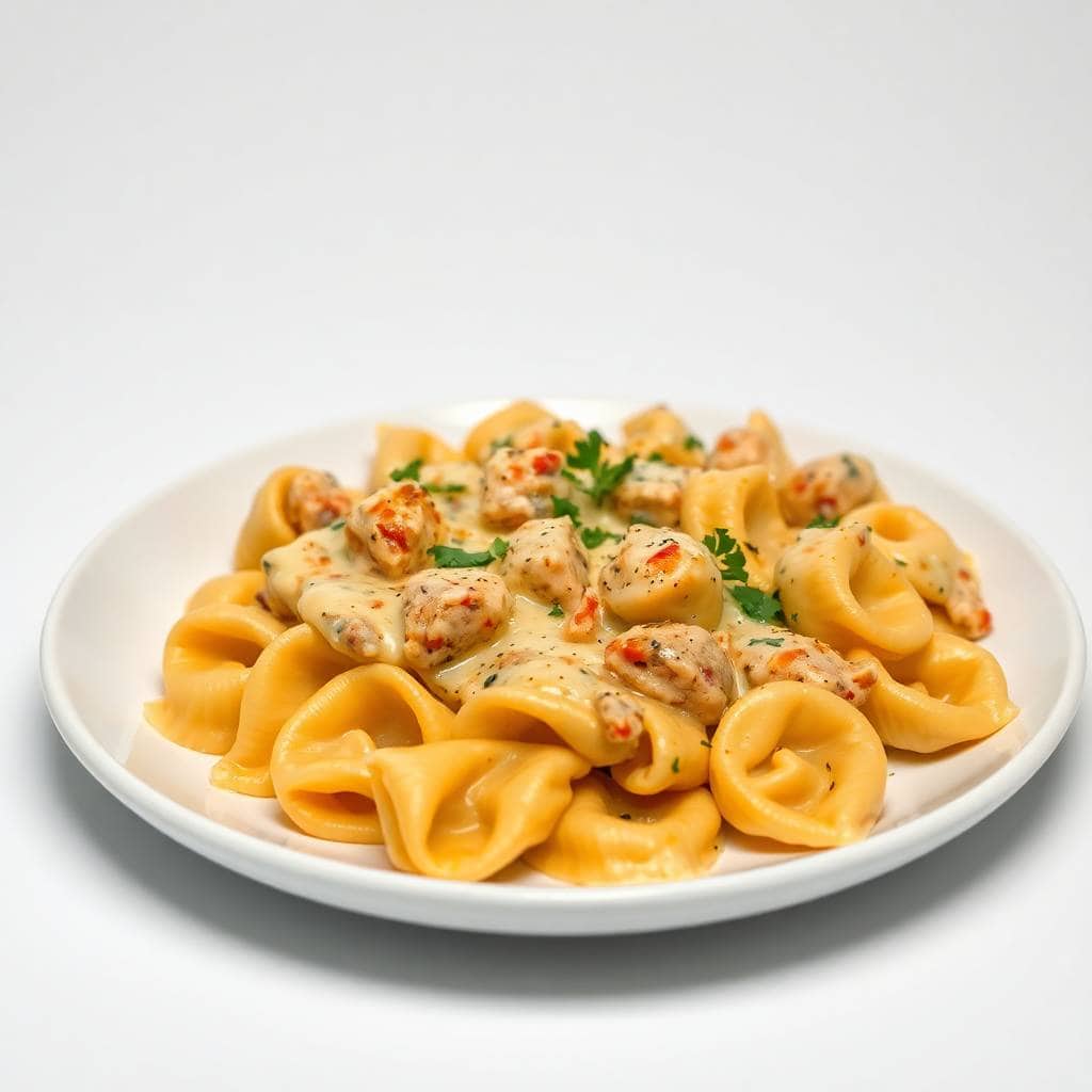 Creamy Cajun chicken tortellini served on white plate, garnished with parsley and red pepper flakes.