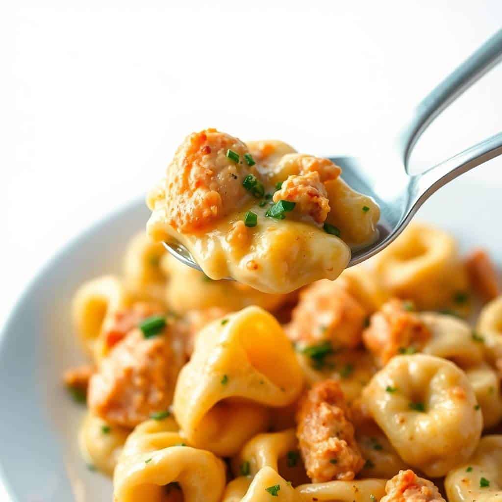 Creamy Cajun chicken tortellini garnished with green onions on a white plate with fork.