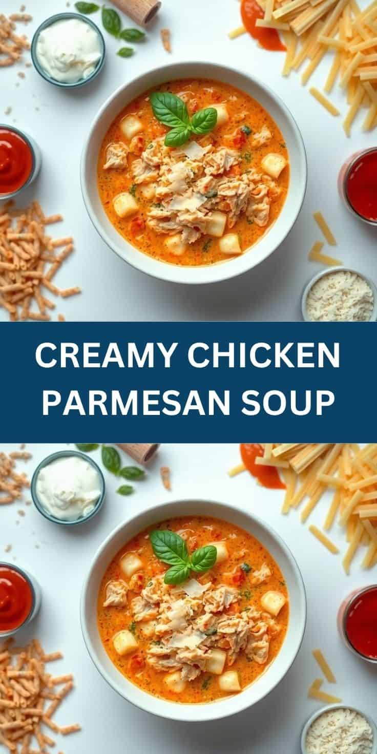 Creamy Chicken Parmesan Soup in white bowl with shredded chicken, pasta, fresh basil, and accompanying ingredients.