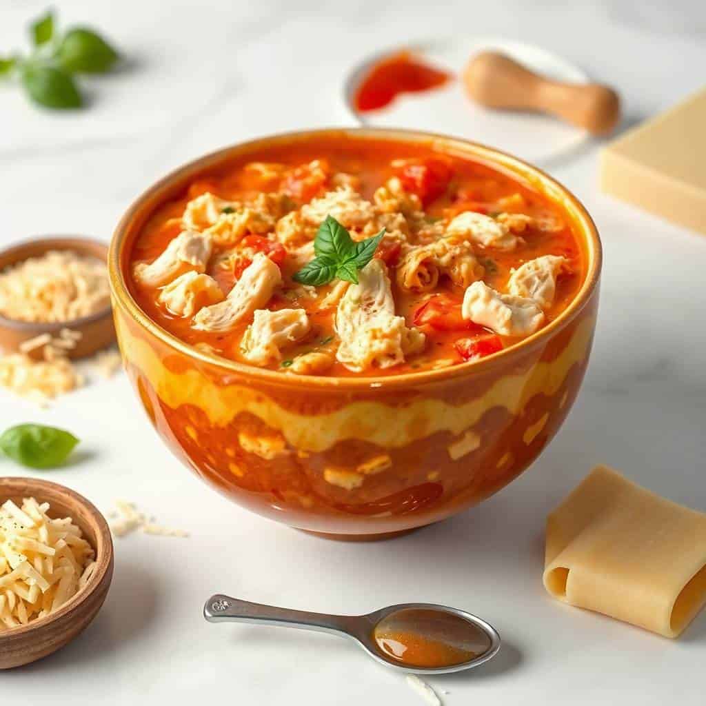 Creamy Chicken Parmesan Soup in red bowl, garnished with herbs, surrounded by pasta and ingredients.