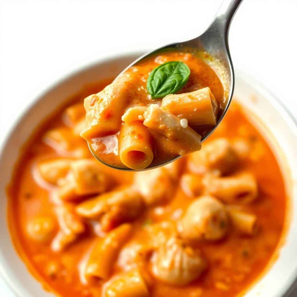 Creamy chicken parmesan soup with tube pasta and fresh basil garnish in a white bowl.