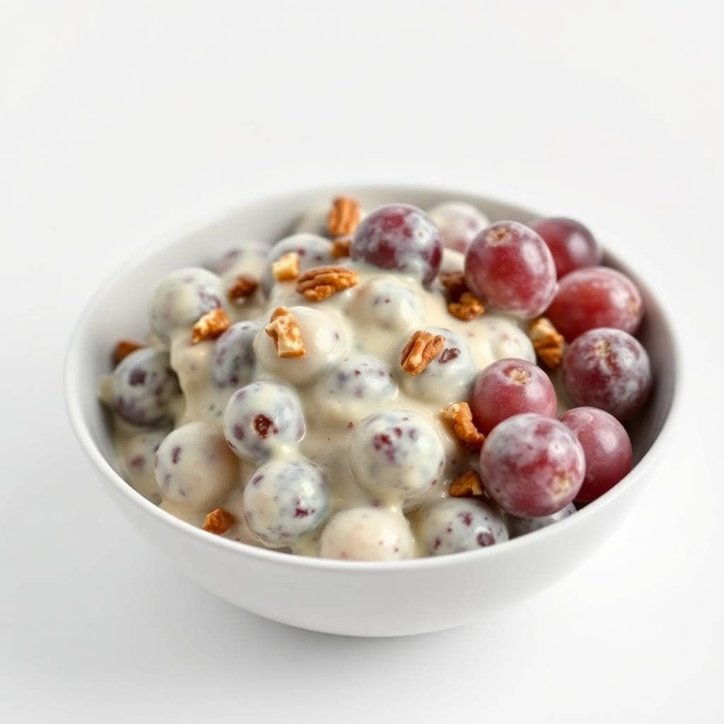 Creamy grape salad in white bowl with red grapes, cream-colored grapes, and candied pecans.