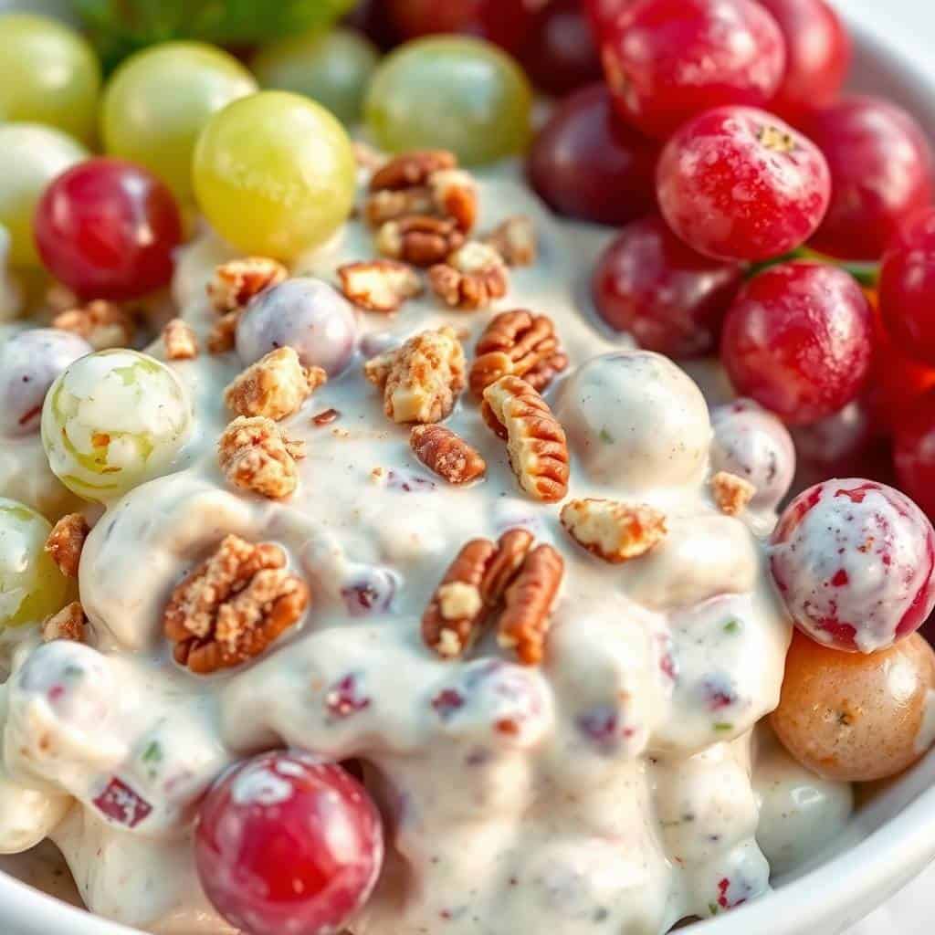 Creamy grape salad with red and green grapes, pecans, and white cream sauce in white bowl.