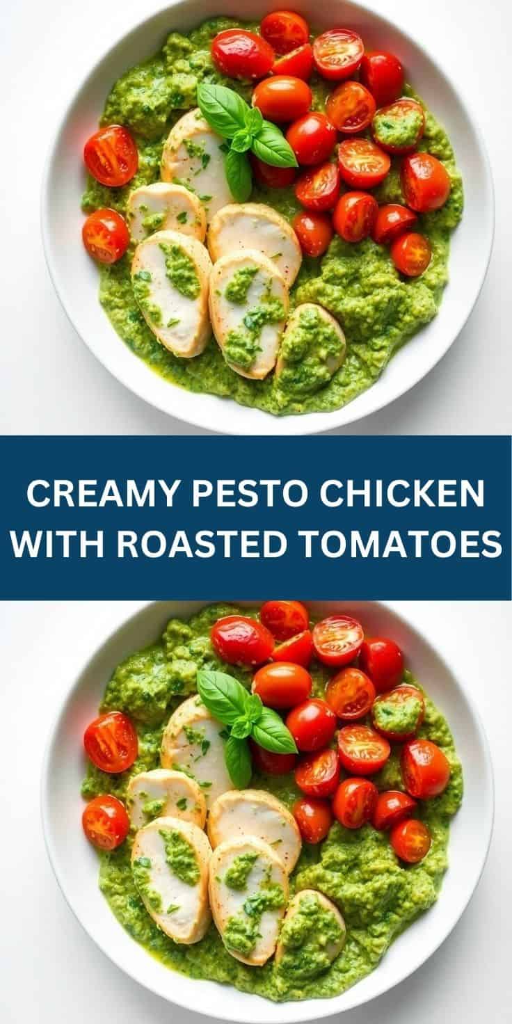 Creamy pesto chicken with roasted tomatoes served on white plate with fresh basil garnish.
