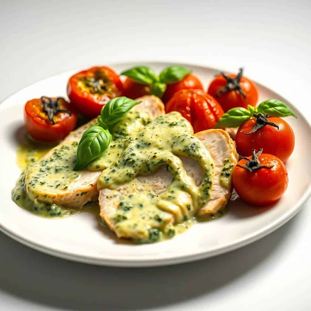 Creamy pesto chicken sliced and plated with roasted cherry tomatoes and fresh basil garnish.