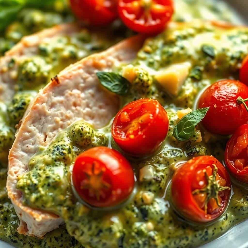 Creamy pesto chicken topped with roasted cherry tomatoes and fresh basil on a white plate.