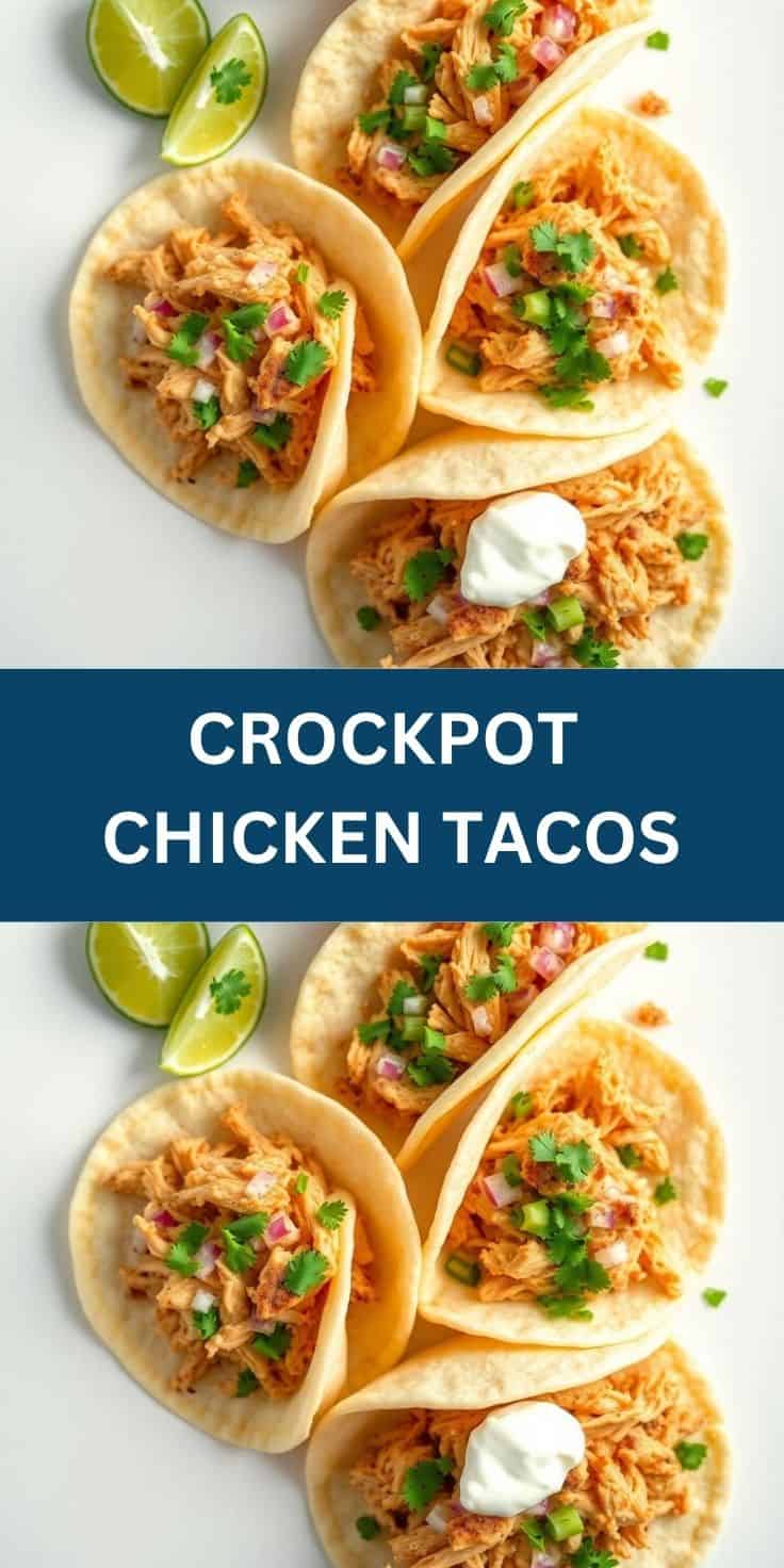 Four crockpot chicken tacos on white plate with cilantro, onions, sour cream, and lime wedges.