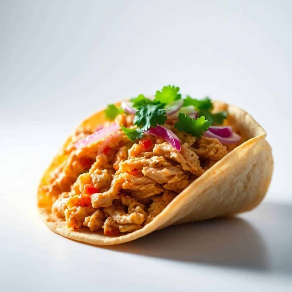 Shredded chicken taco in soft tortilla topped with cilantro and red onion on white surface.