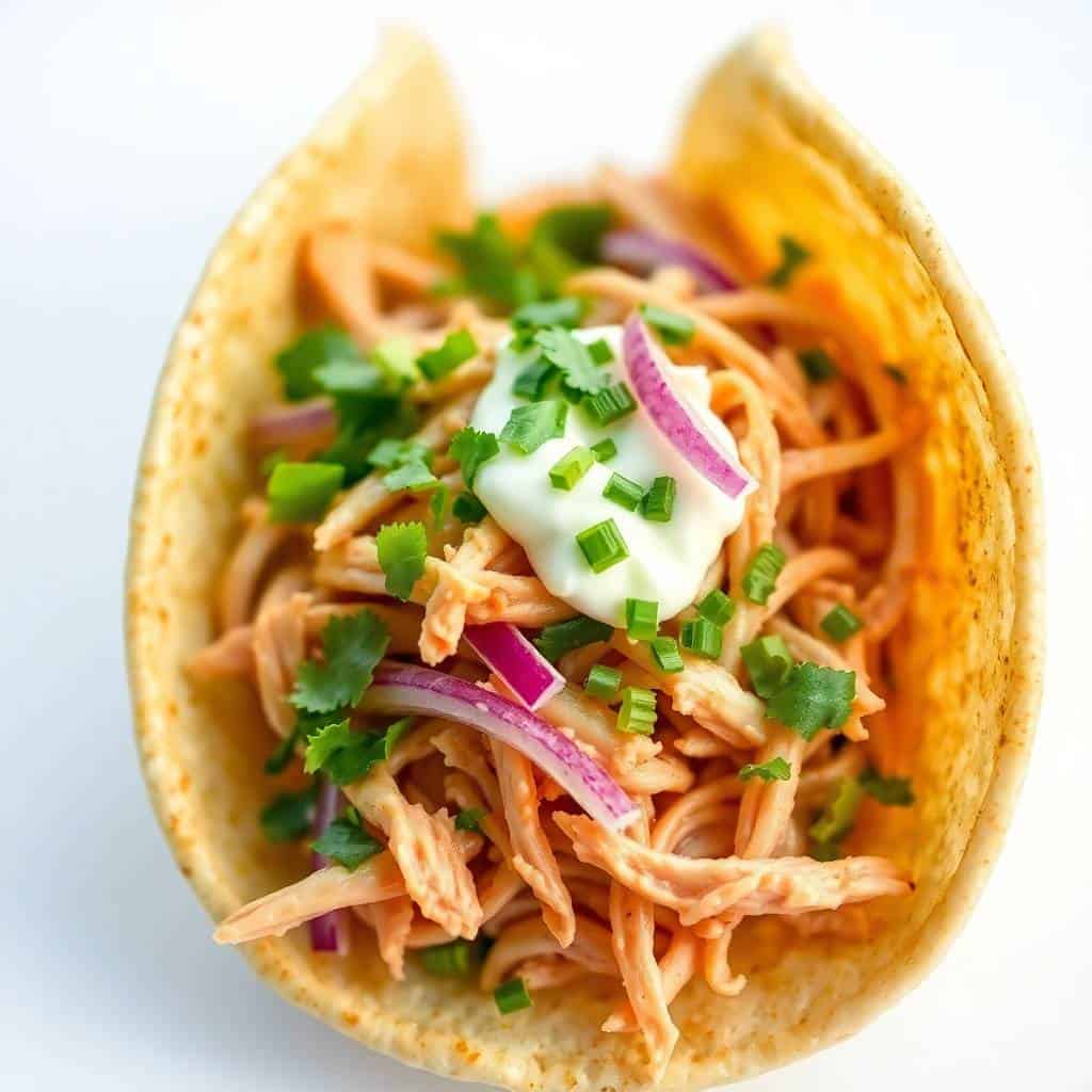 Crockpot chicken taco with shredded chicken, sour cream, cilantro, green onions, and red onion on toasted tortilla.