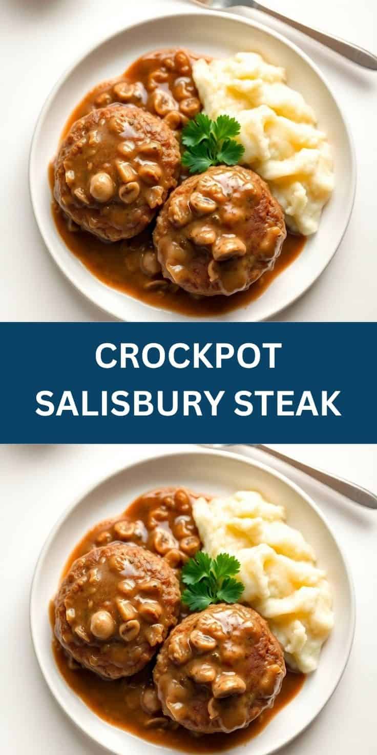 Crockpot Salisbury steak with mushroom gravy, mashed potatoes, and parsley garnish on white plate.