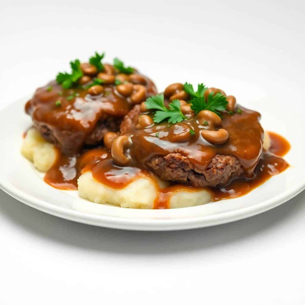 Crockpot Salisbury steak patties topped with mushroom gravy, cashews, and parsley on mashed potatoes.