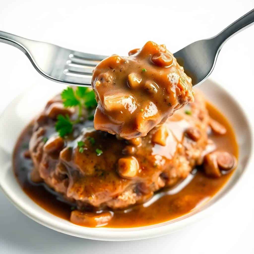 Crockpot Salisbury steak with brown gravy and mushrooms on white plate, fork lifting portion.