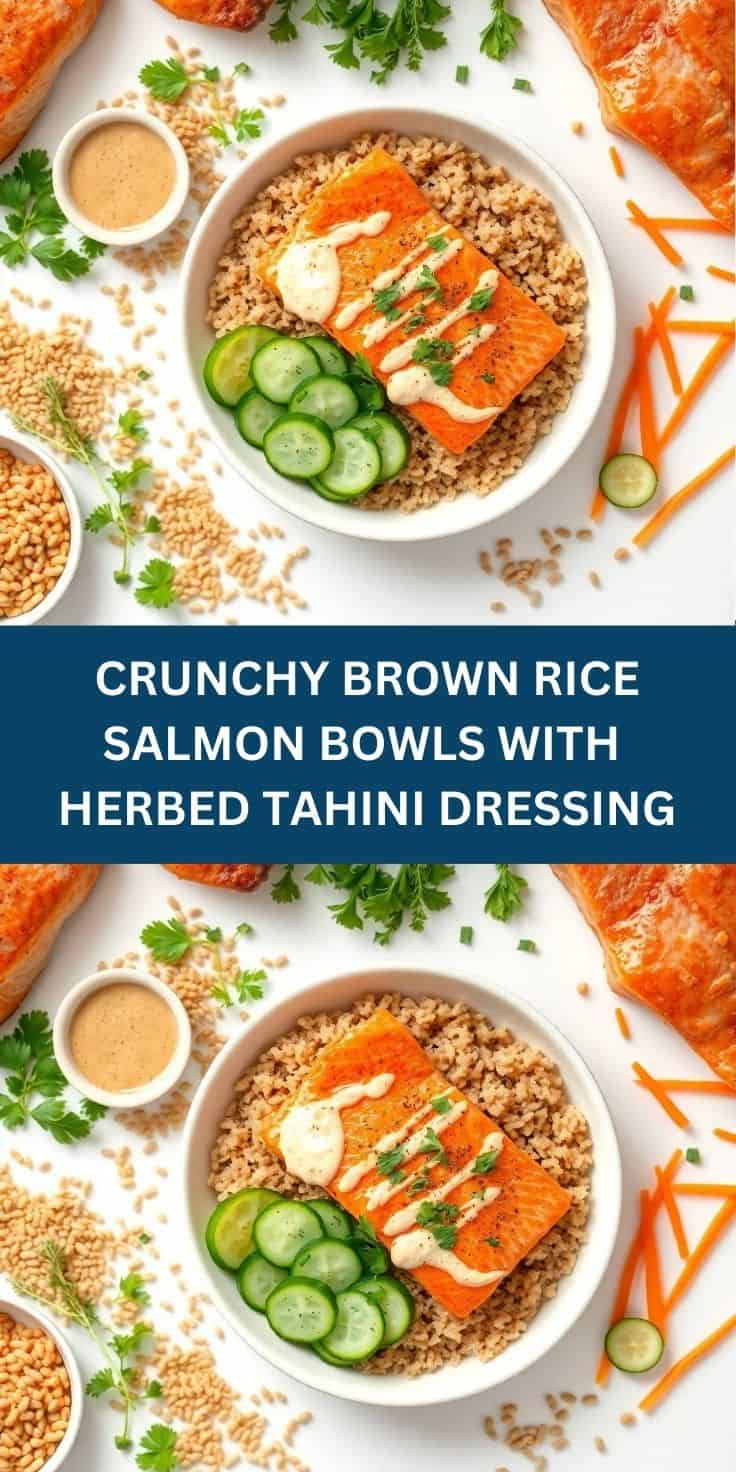 Overhead view of crunchy brown rice salmon bowls with cucumber slices, tahini drizzling, and fresh herbs.