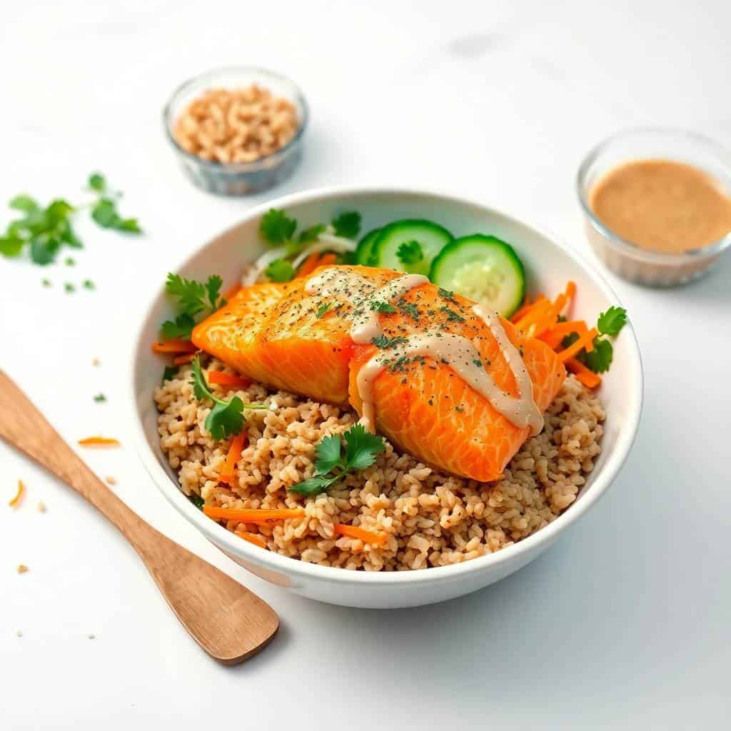 Crunchy brown rice salmon bowl topped with roasted salmon, fresh cucumber, orange bell pepper, cilantro, and tahini dressing.