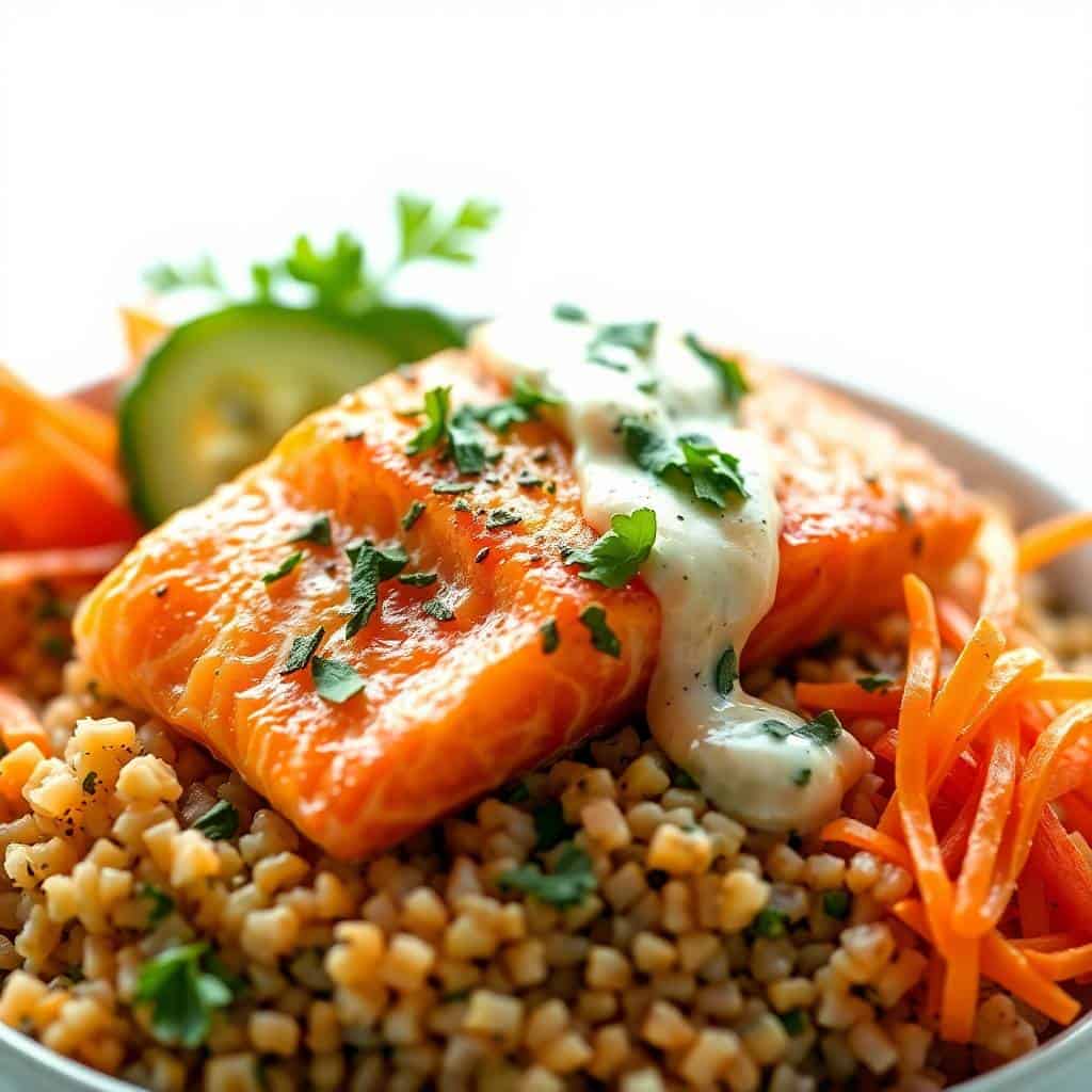 Glazed salmon fillet with tahini sauce on brown rice bowl, garnished with parsley and cucumber.