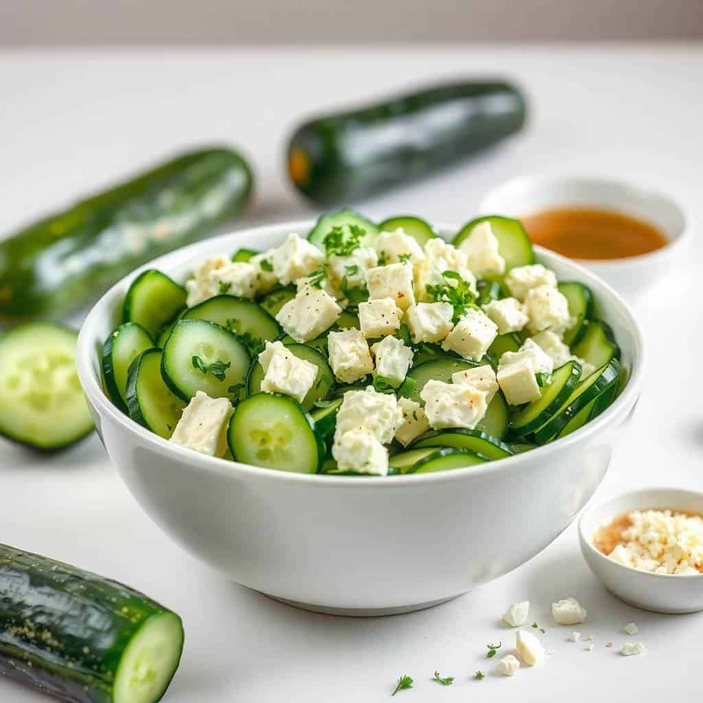 Cucumber feta salad in white bowl with sliced cucumbers, crumbled feta cheese, fresh herbs, and dressing.