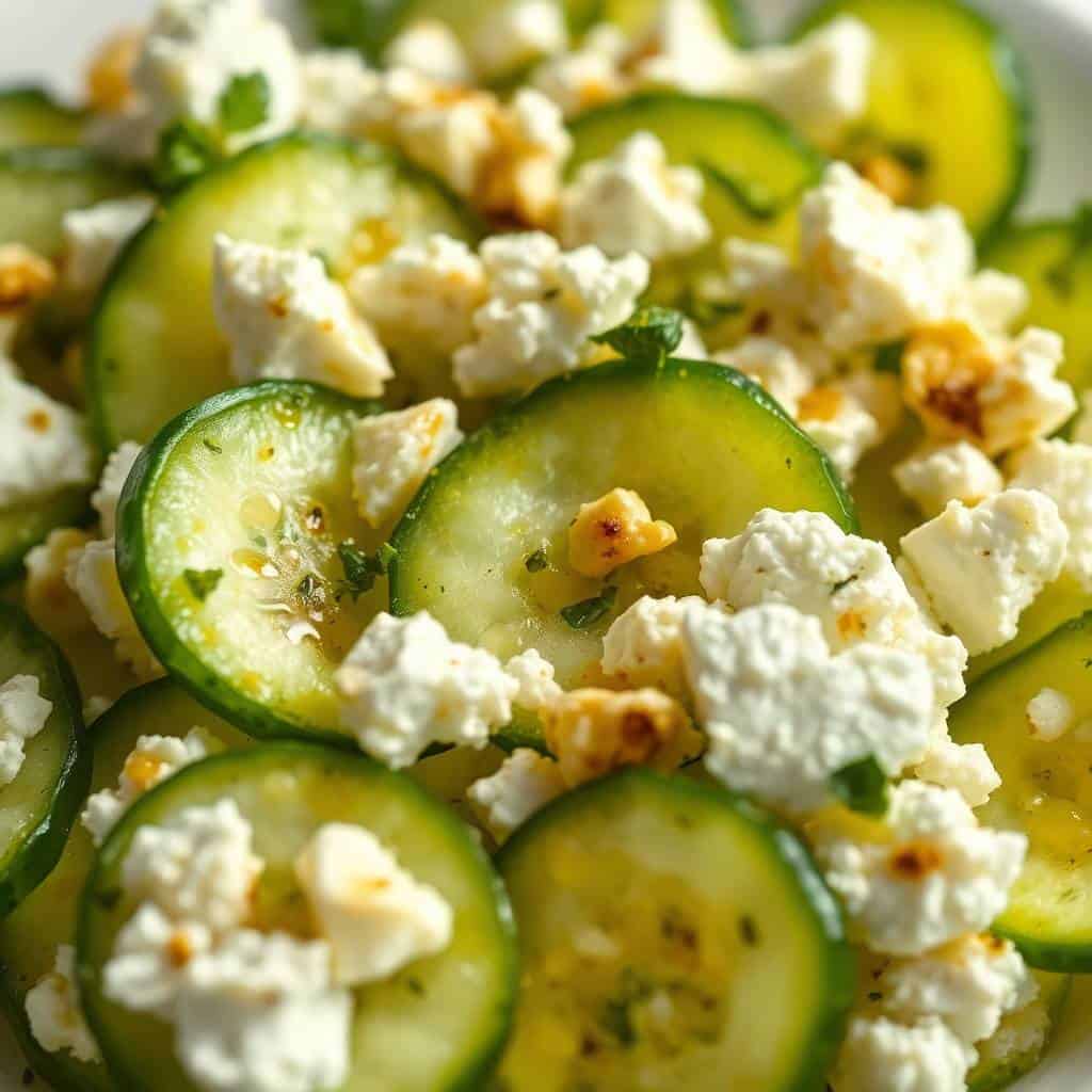 Cucumber feta salad with sliced cucumbers, crumbled white cheese, and herb garnish in a white bowl.