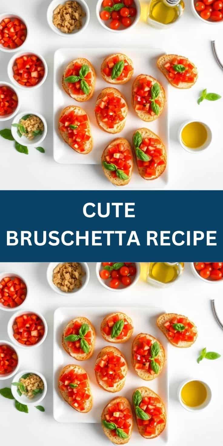 Bruschetta topped with diced tomatoes and basil on white plate with ingredients arranged around.