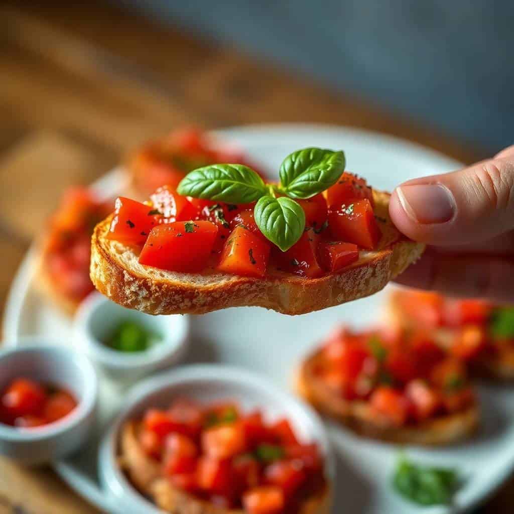 Hand holding bruschetta with diced tomatoes, fresh basil garnish on toasted bread slice.