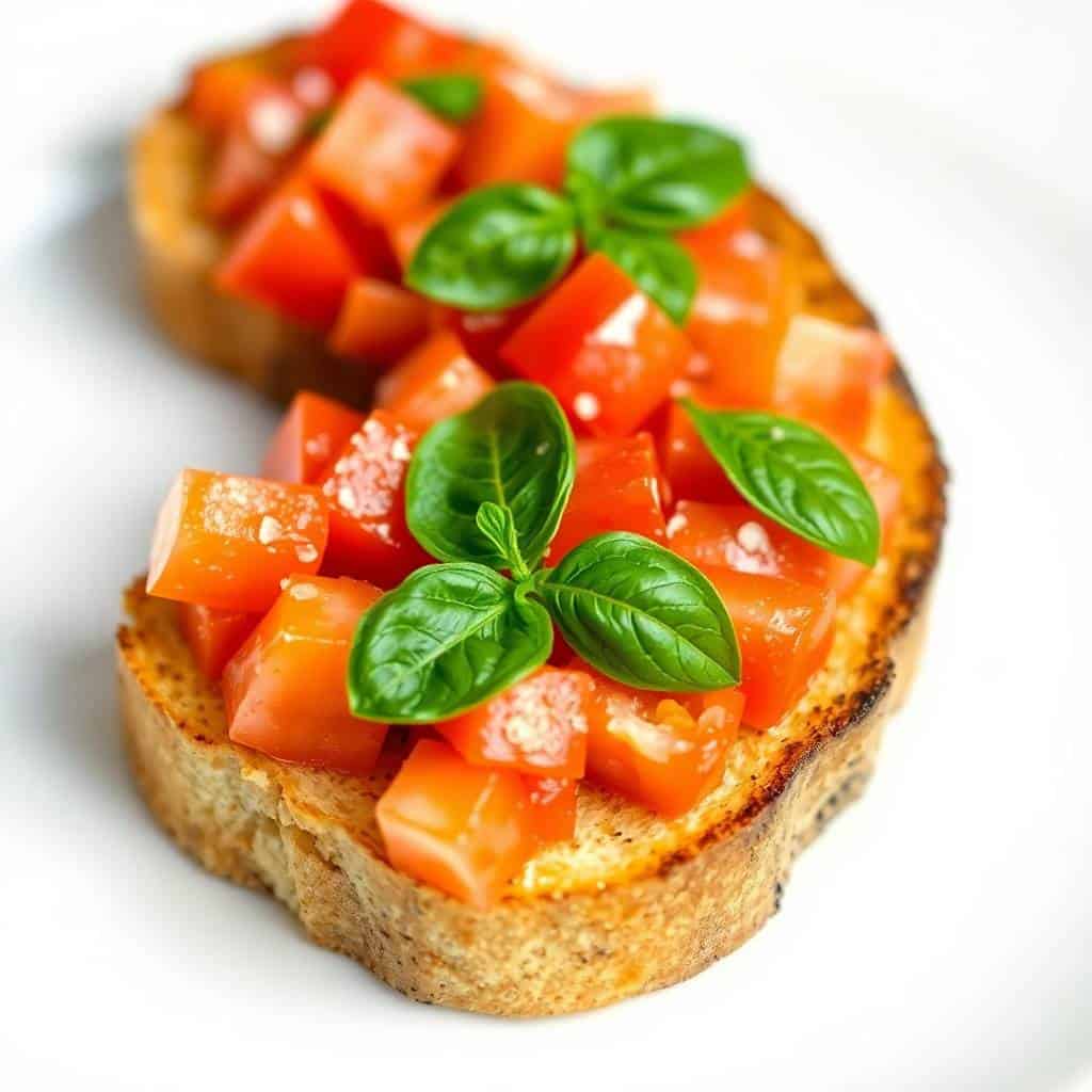 Bruschetta slices topped with diced tomatoes, basil leaves, and sea salt on toasted bread.