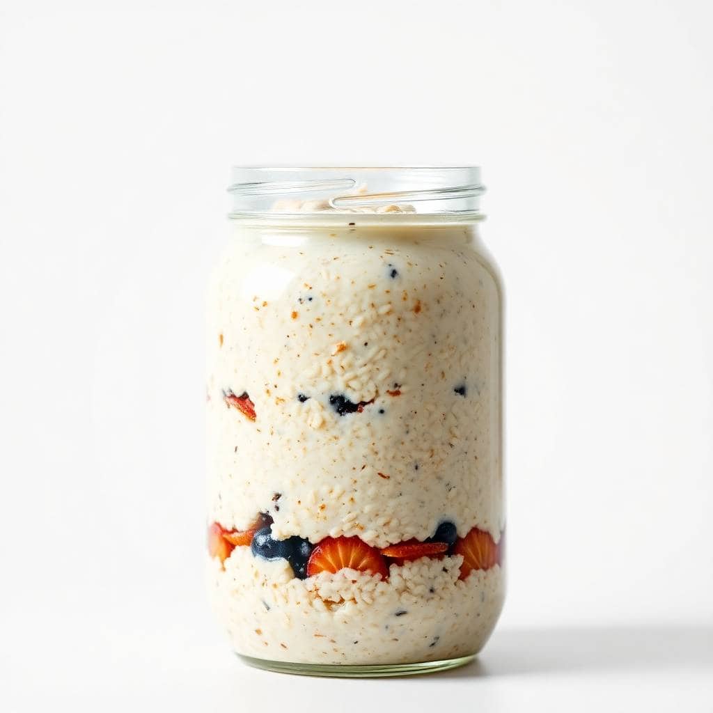 Protein overnight oats in glass jar with strawberries, blueberries, and granola layers.