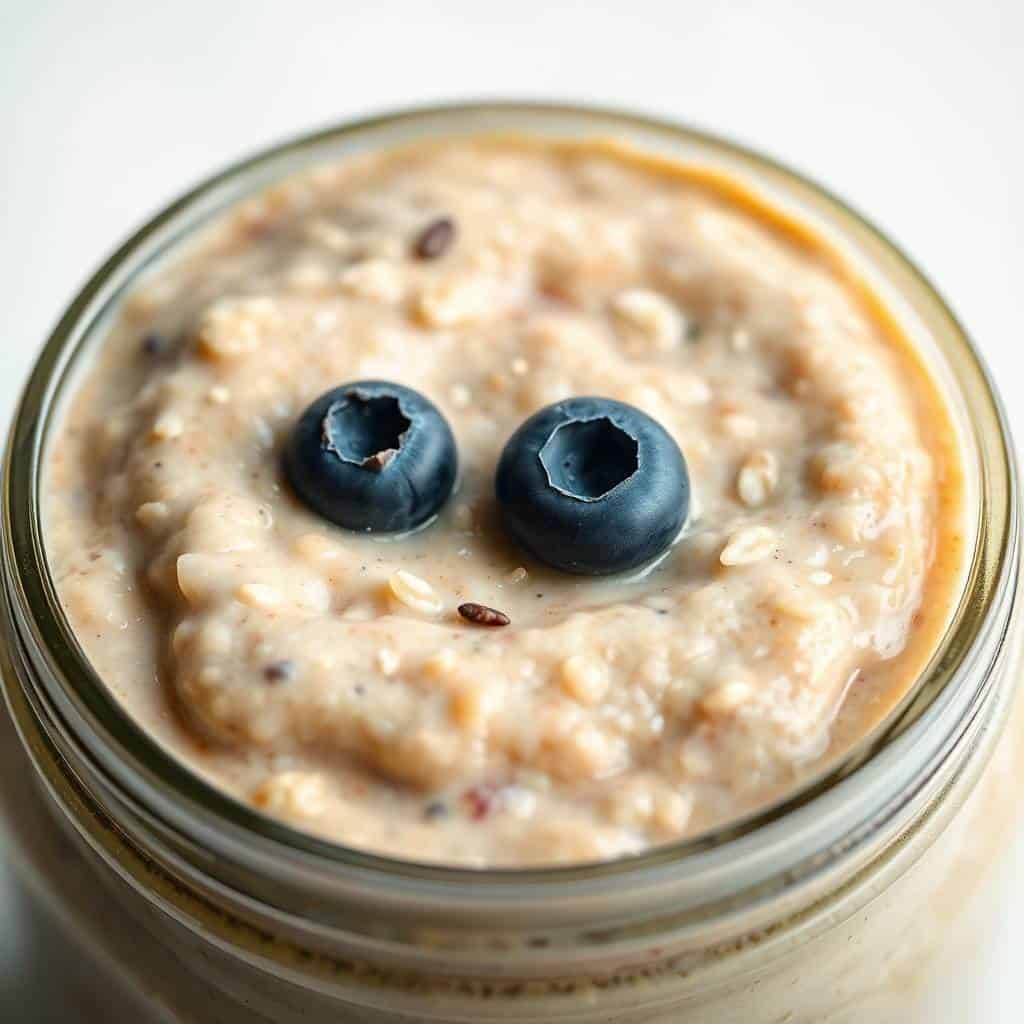 Protein overnight oats in glass jar topped with two blueberries as eyes, creamy beige texture visible.