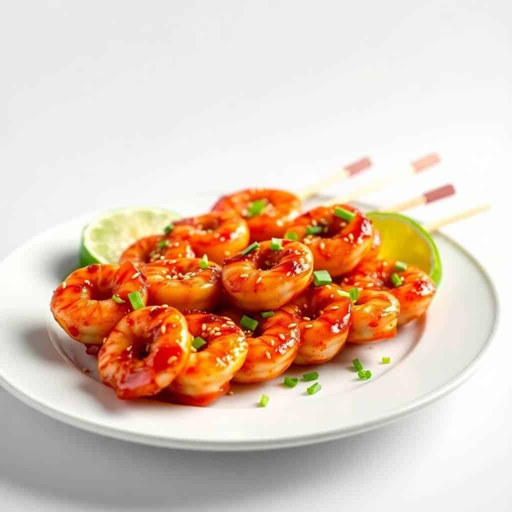 Firecracker shrimp skewers glazed in red sauce, garnished with sesame seeds and green onions on white plate.