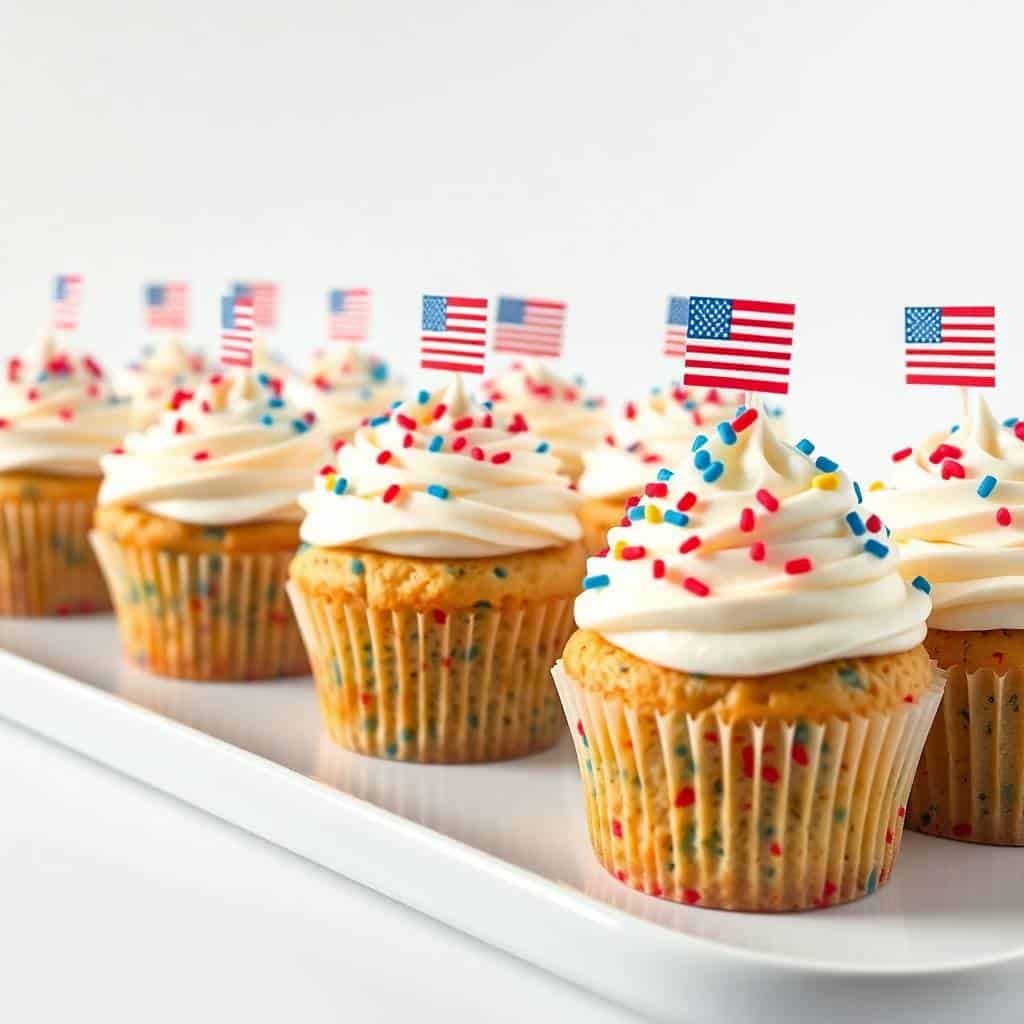 Patriotic Funfetti cupcakes with white frosting, red and blue sprinkles, and American flag toppers on white platter.