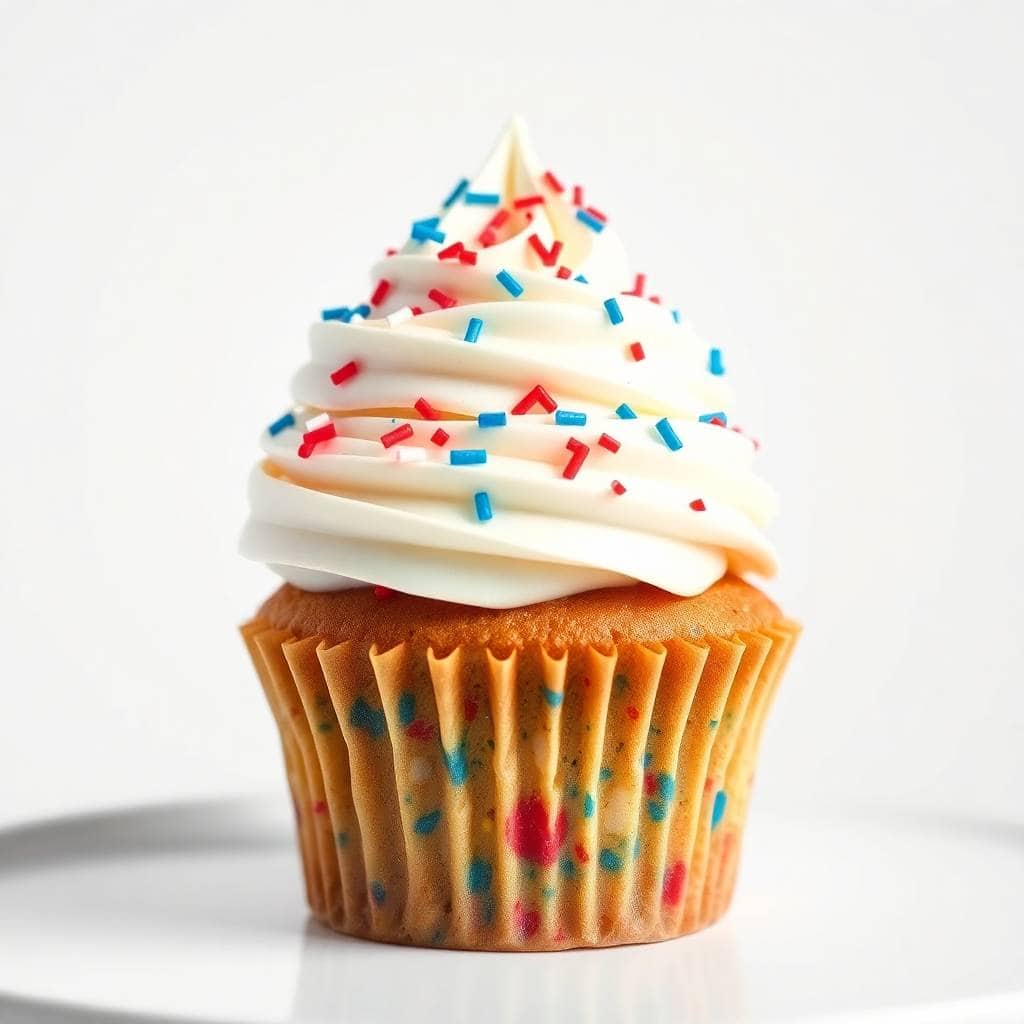 Funfetti cupcake with white frosting piped in swirl, topped with red and blue sprinkles, in golden wrapper.