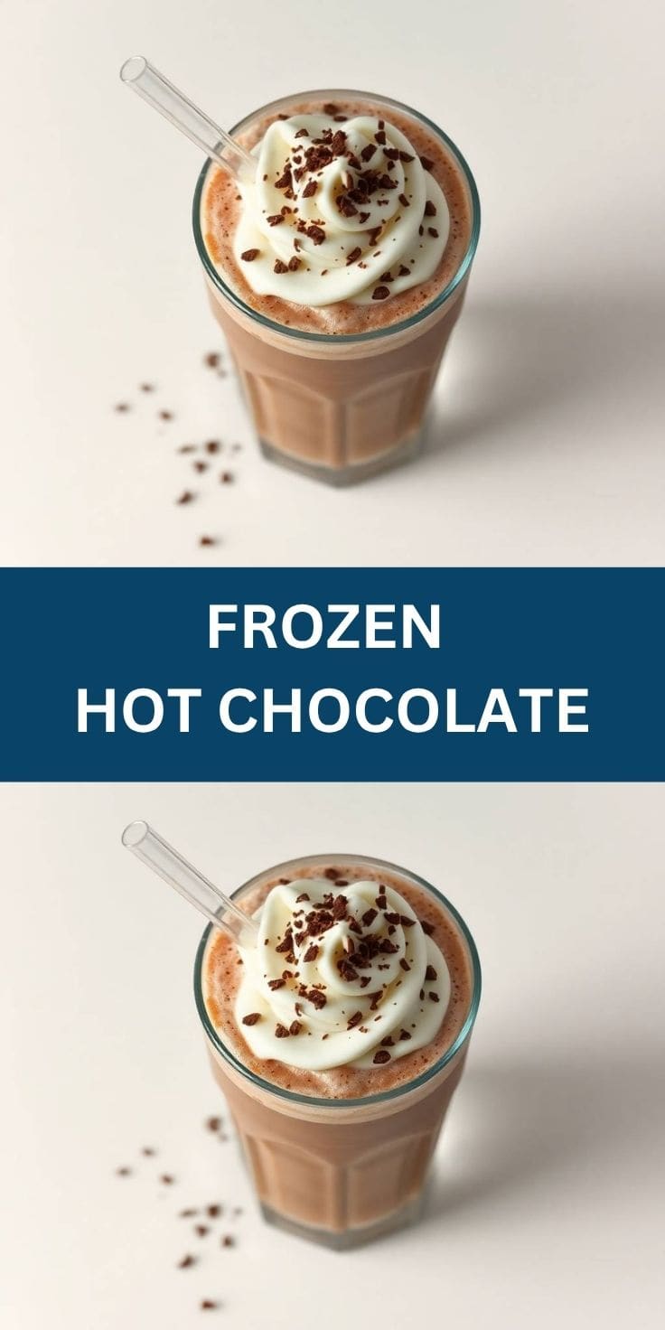 Frozen hot chocolate in glass with whipped cream, chocolate shavings, and straw.