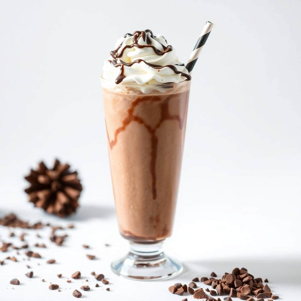Frozen hot chocolate in tall glass with whipped cream, chocolate drizzle, striped straw, and chocolate chips scattered aro...