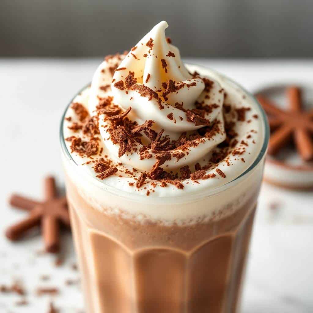 Frozen hot chocolate topped with whipped cream, cocoa powder, and star anise in a tall glass.