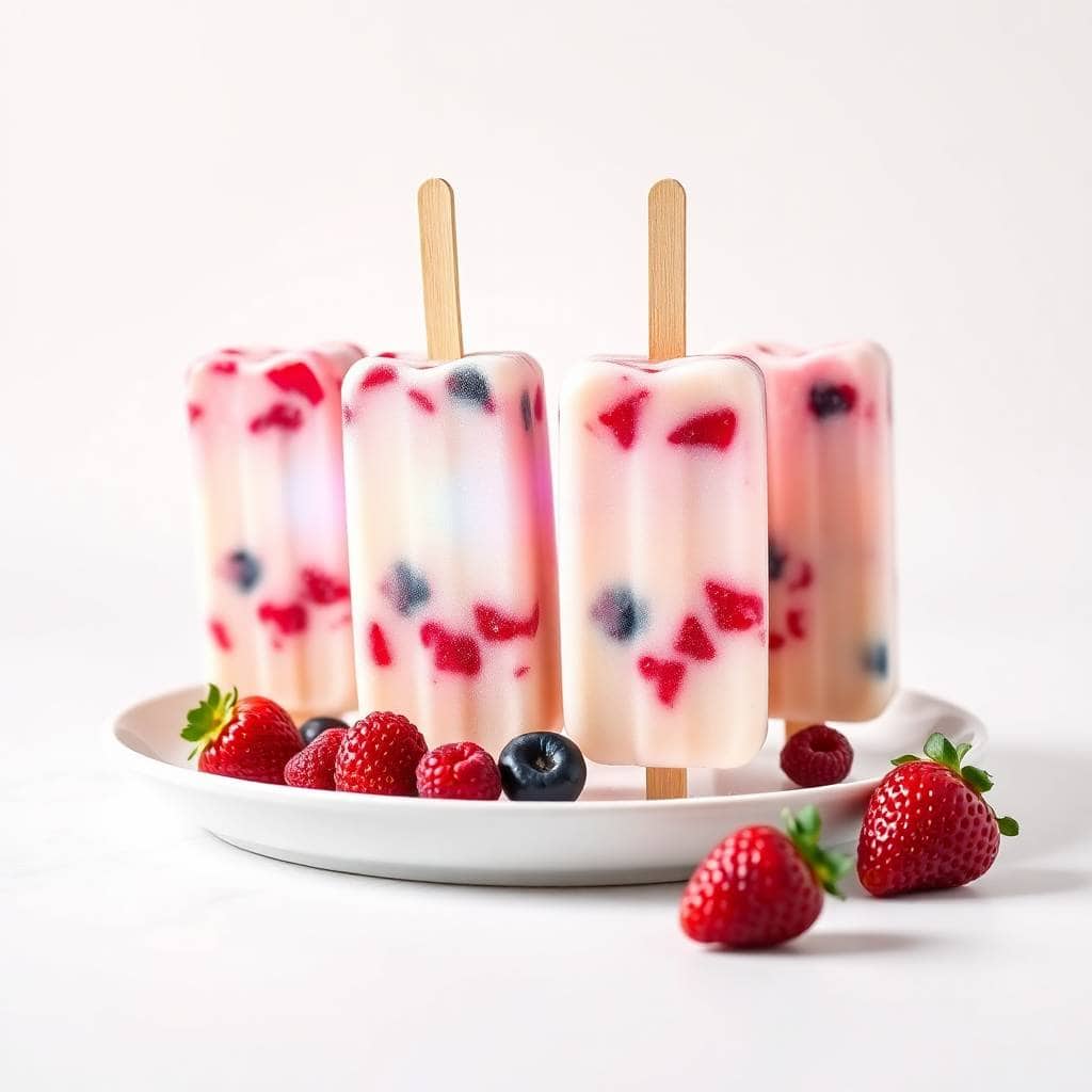 Four frozen yogurt berry pops with embedded raspberries and blueberries on white plate with fresh berries.