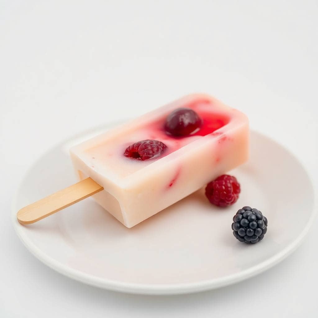 Frozen yogurt berry pop on wooden stick with raspberries and blackberry on white plate.