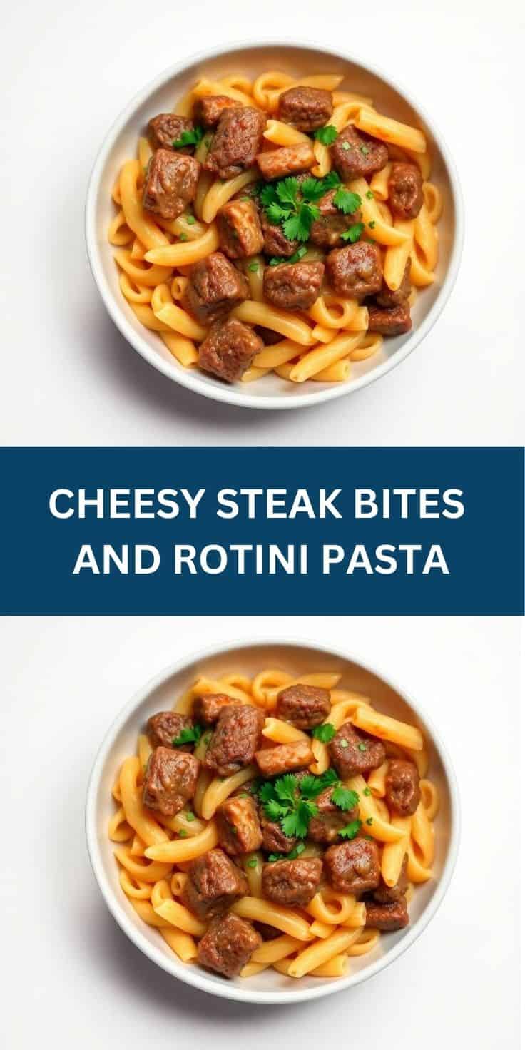 Cheesy steak bites and rotini pasta in white bowl, garnished with fresh parsley.