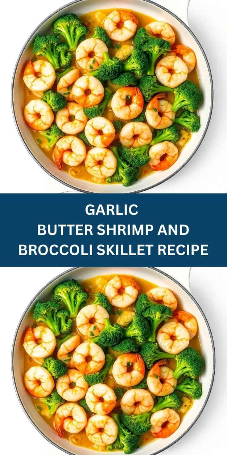 Garlic butter shrimp and broccoli skillet with golden shrimp and bright green florets in savory sauce.