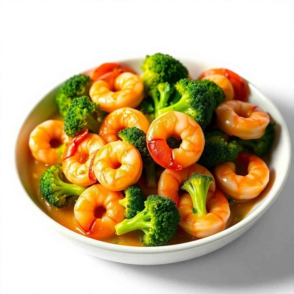 Garlic butter shrimp and broccoli served in a white bowl with red peppers and glossy sauce.