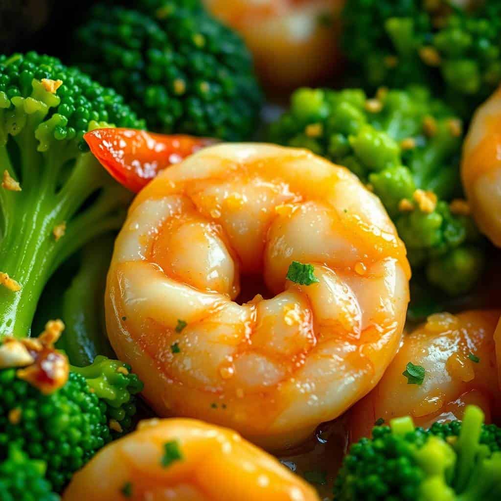 Garlic butter shrimp and broccoli skillet with glossy orange shrimp, green florets, and herb garnish.