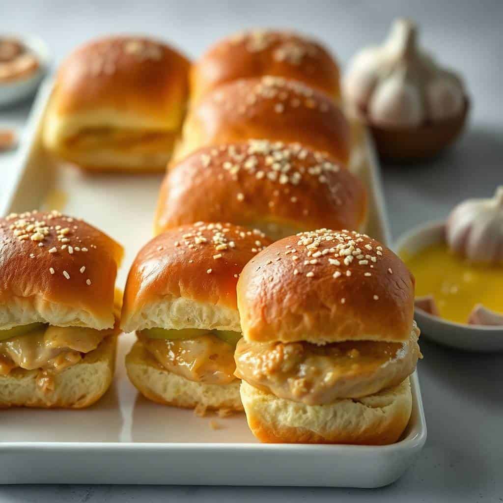 Garlic parmesan chicken sliders on sesame-topped Hawaiian rolls, plated on white dish with aioli.