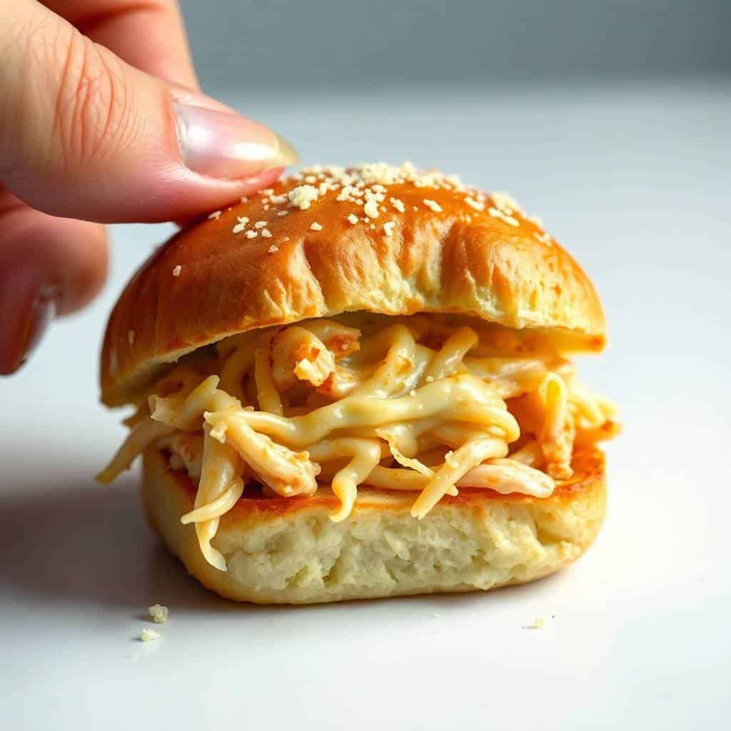 Hand holding a garlic parmesan chicken slider on a sesame hawaiian roll with shredded chicken filling.