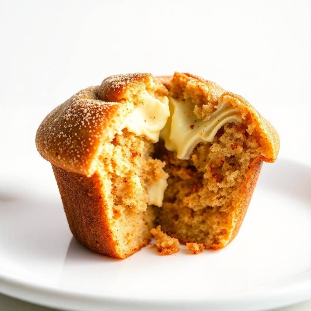 Cinnamon cream cheese muffin broken open on white plate showing gooey filling and sugar-dusted top.