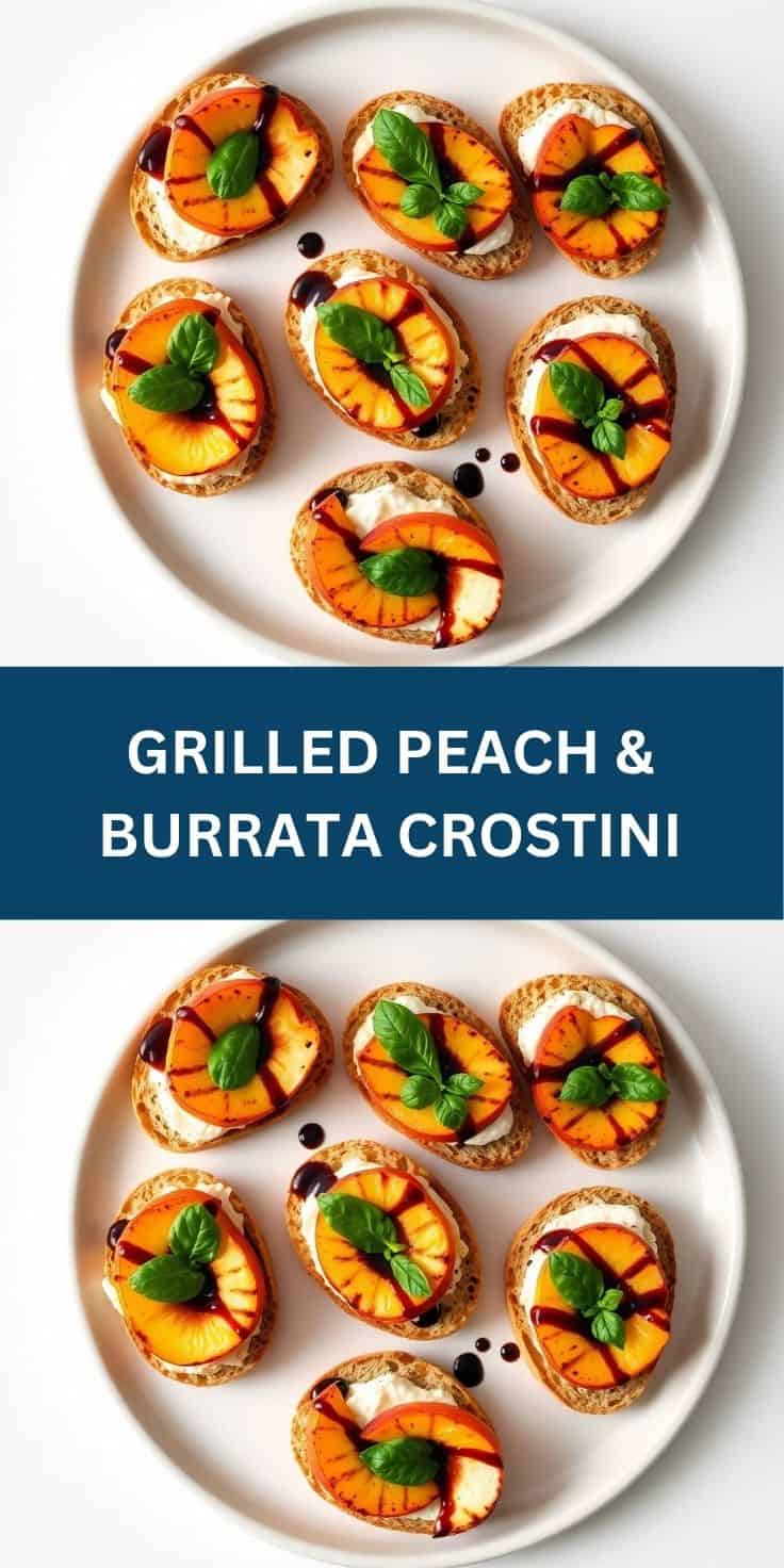 Seven grilled peach and burrata crostini on white plate with basil and balsamic drizzle.