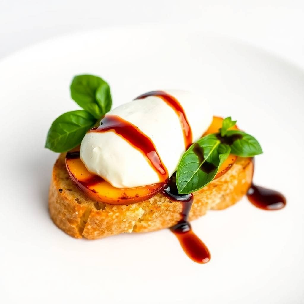 Grilled peach and burrata crostini on toasted bread with fresh basil and balsamic glaze drizzle.