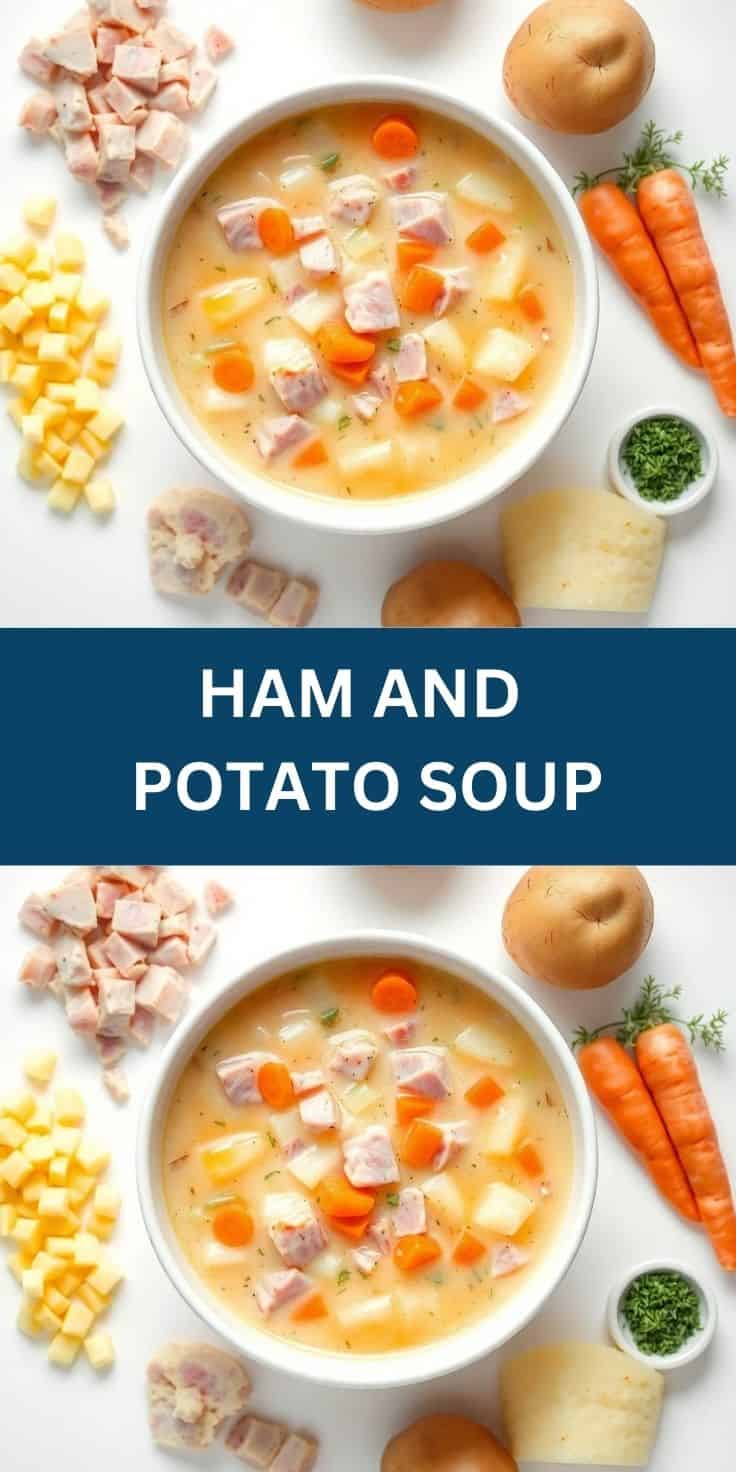 Ham and potato soup in white bowl surrounded by fresh ingredients including ham, potatoes, carrots, corn, and dill.