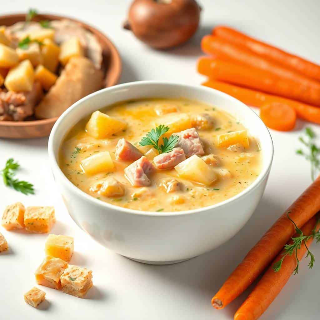 Creamy ham and potato soup in white bowl, garnished with parsley, surrounded by fresh carrots and ingredients.