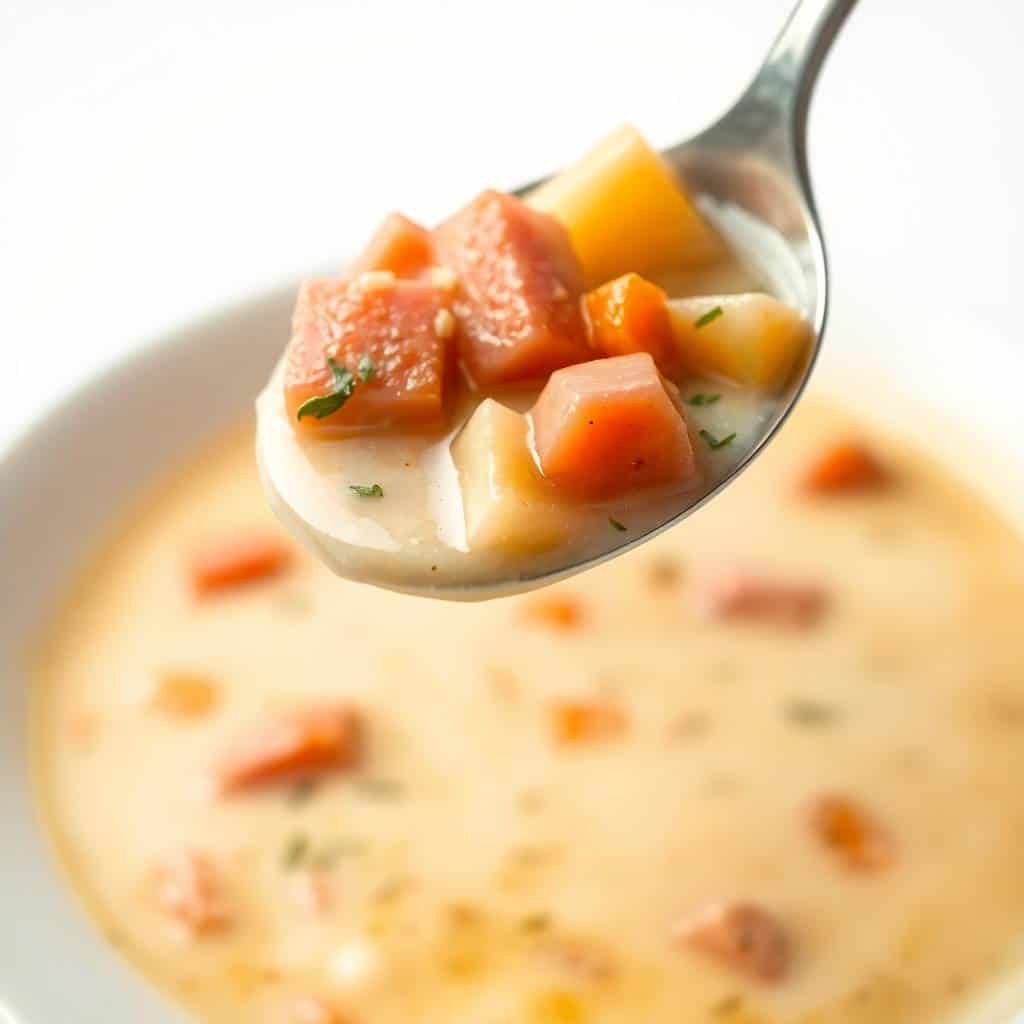 Spoonful of ham and potato soup with diced ham, potatoes, and fresh herbs over creamy broth.