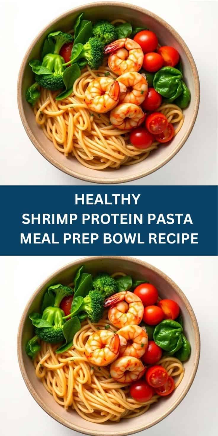 Two bowls of healthy shrimp pasta with broccoli, tomatoes, and spinach in beige ceramic bowls.