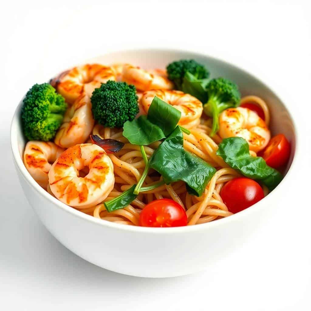 Shrimp pasta bowl with broccoli, cherry tomatoes, noodles, and fresh cilantro in white bowl.